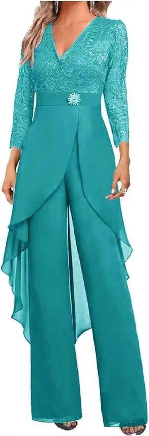 2 Pieces Lace Pant Suits for Women Dressy Summer Lace Mother of The Bride Pantsuits for Wedding Guest 2025