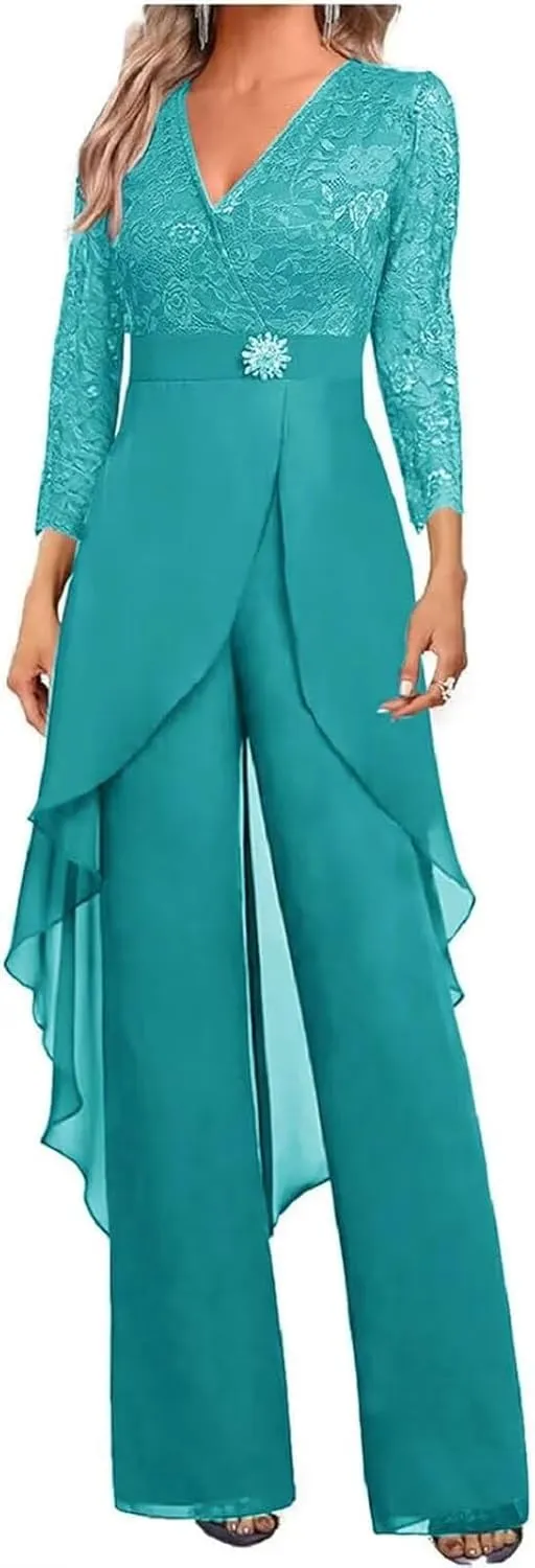 2 Pieces Lace Pant Suits for Women Dressy Summer Lace Mother of The Bride Pantsuits for Wedding Guest 2025