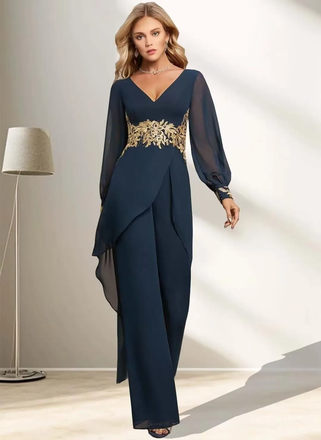 2 Pieces Mother of The Bride Pant Suits for Wedding Lace Appliques Chiffon Pantsuits for Wedding Guest