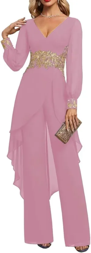 2 Pieces Mother of The Bride Pant Suits for Wedding Lace Appliques Chiffon Pantsuits for Wedding Guest
