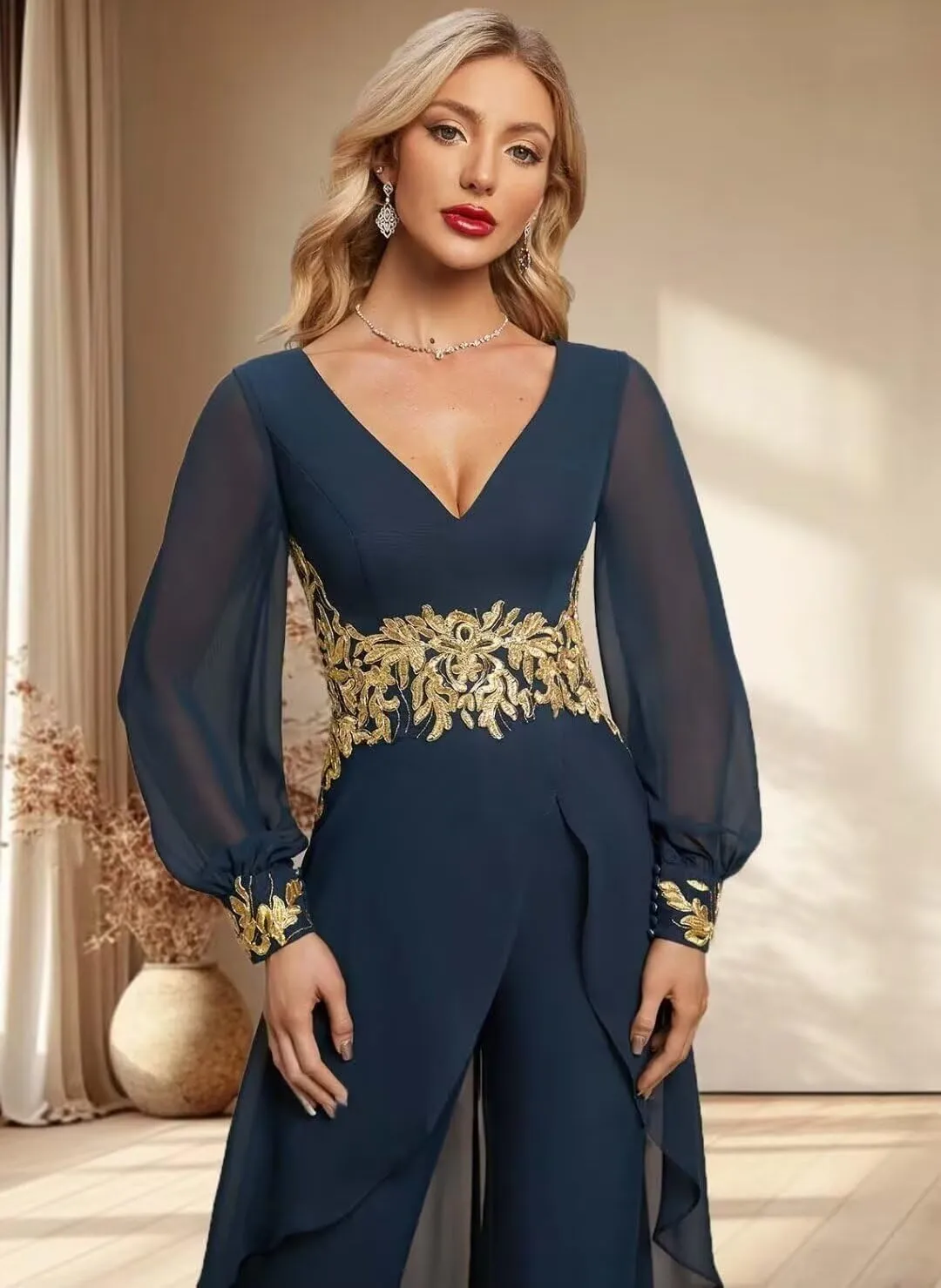 2 Pieces Mother of The Bride Pant Suits for Wedding Lace Appliques Chiffon Pantsuits for Wedding Guest