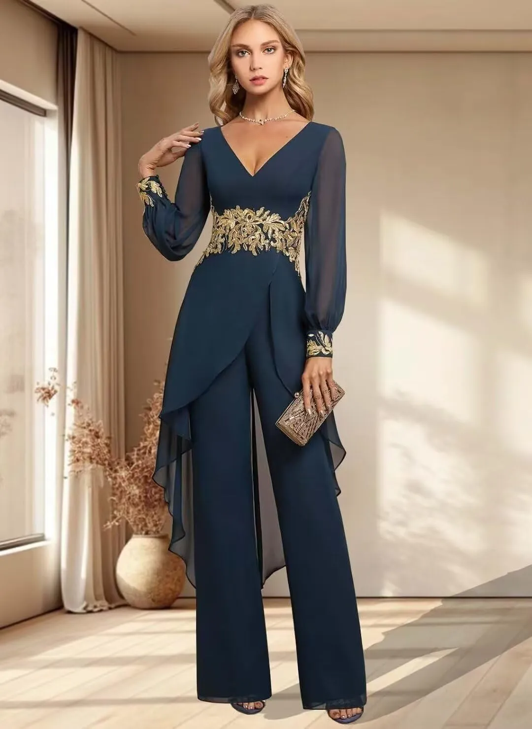 2 Pieces Mother of The Bride Pant Suits for Wedding Lace Appliques Chiffon Pantsuits for Wedding Guest