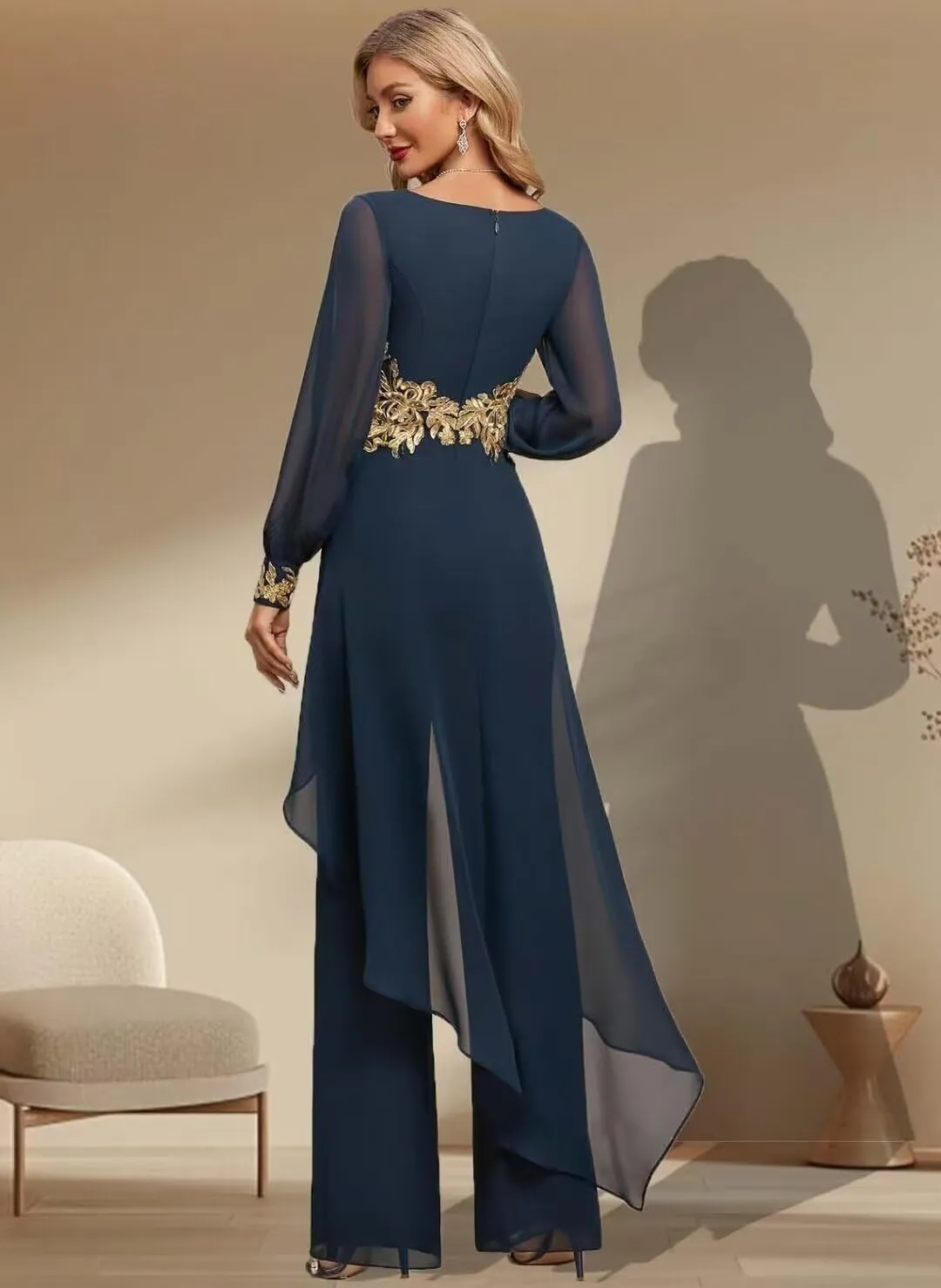 2 Pieces Mother of The Bride Pant Suits for Wedding Lace Appliques Chiffon Pantsuits for Wedding Guest
