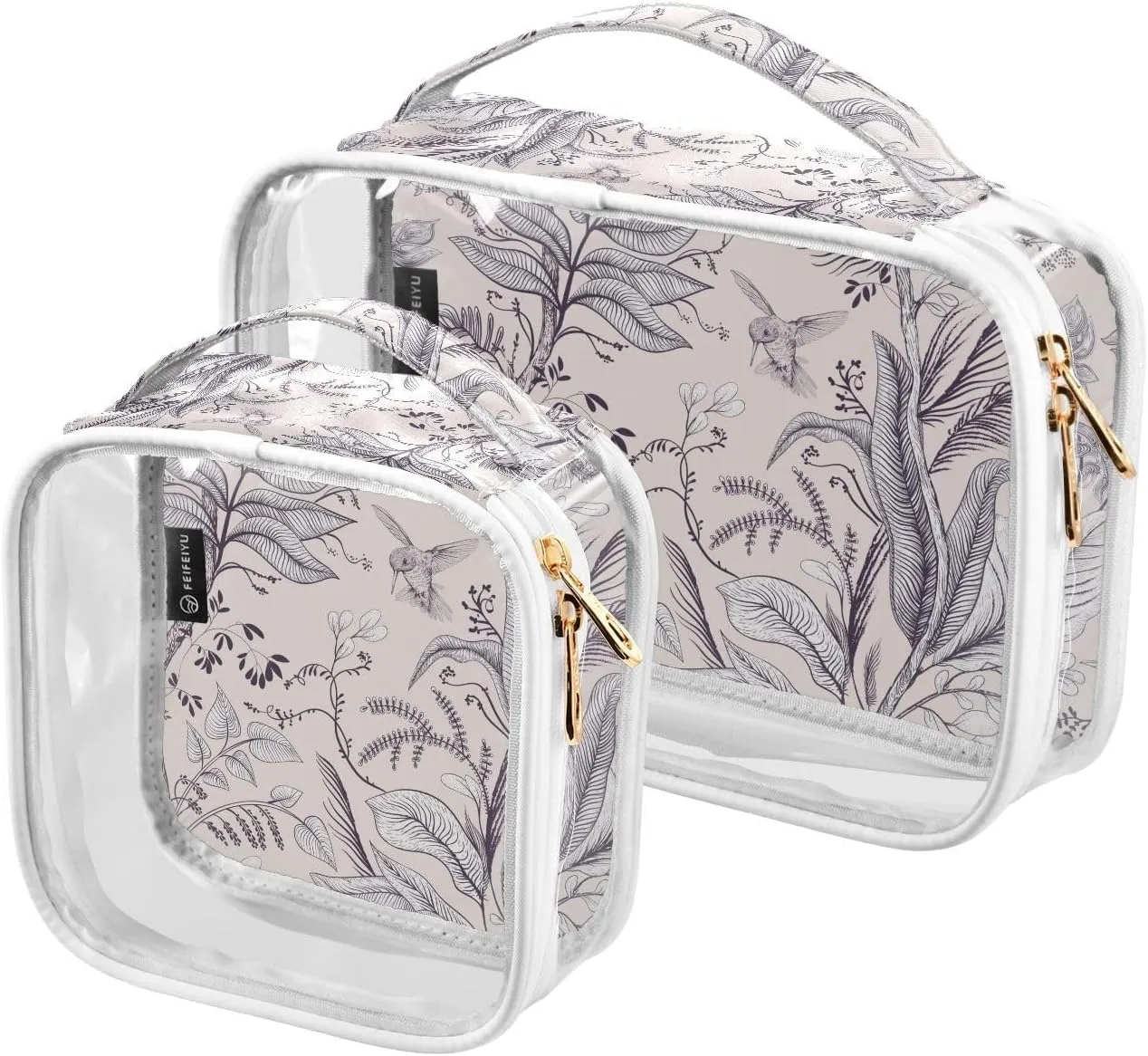 2 Pieces Portable Clear Large Makeup Bag, PVC Waterproof Travel Organizer for Men Women, Birds-flowers-retro-style Toiletry Bags with Gold Zippers.