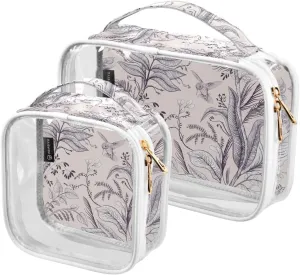 2 Pieces Portable Clear Large Makeup Bag, PVC Waterproof Travel Organizer for Men Women, Birds-flowers-retro-style Toiletry Bags with Gold Zippers.
