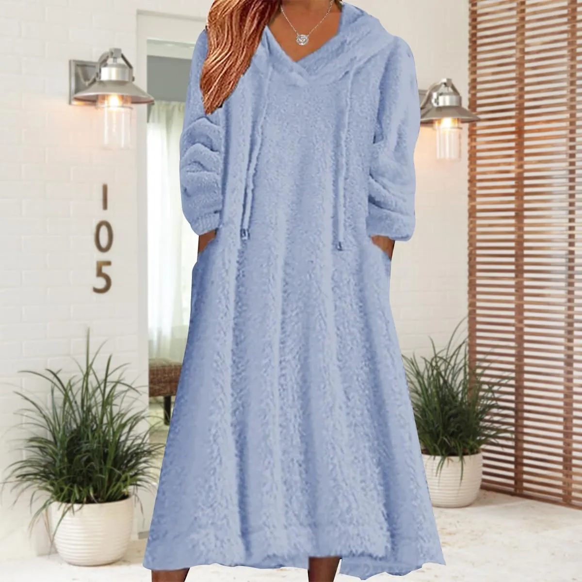 2024 Women's Fleece Fuzzy Hoodies Dress Long Dress Oversized Hooded Sweatshirts Dress Warm Winter Hoodies with Pocket