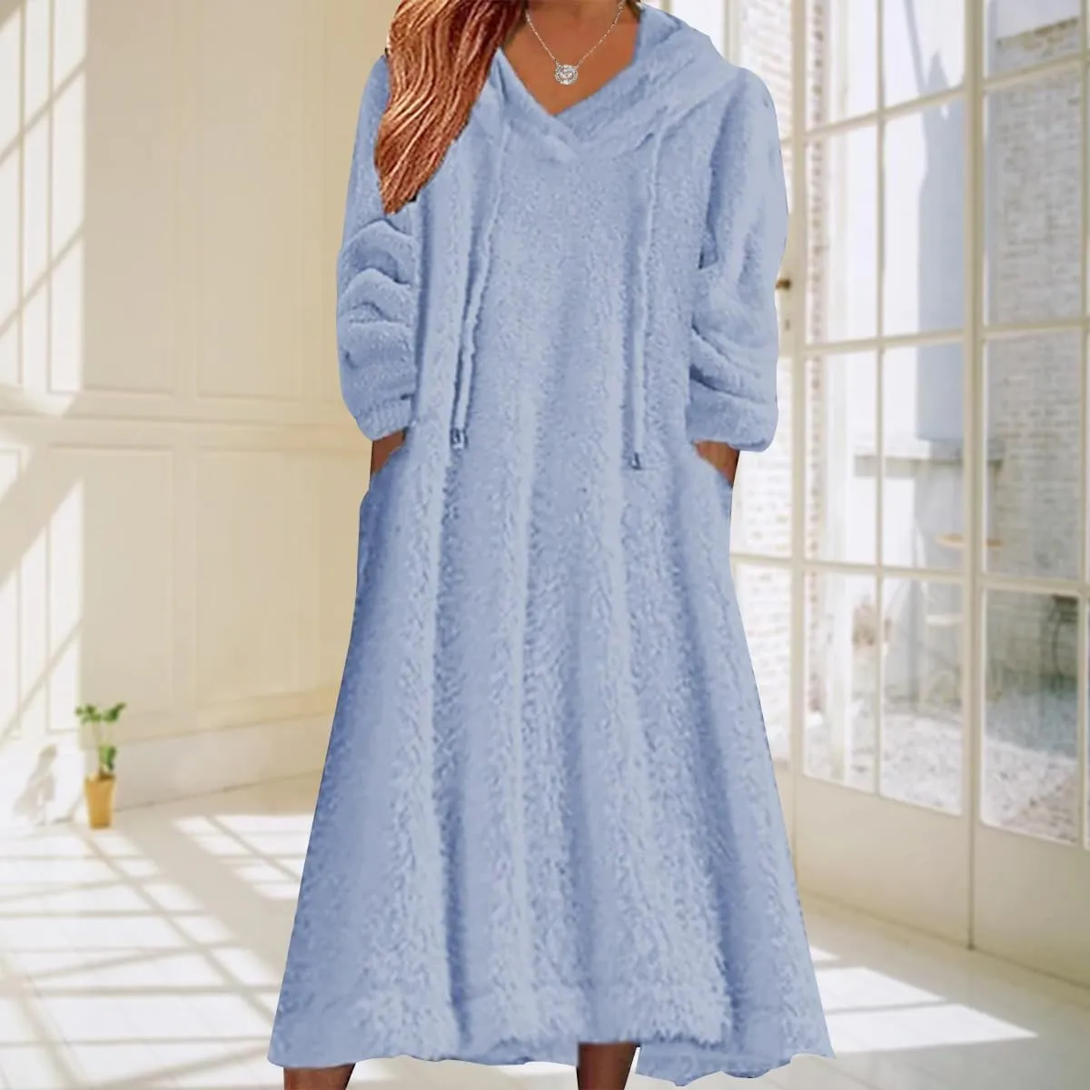 2024 Women's Fleece Fuzzy Hoodies Dress Long Dress Oversized Hooded Sweatshirts Dress Warm Winter Hoodies with Pocket