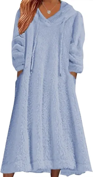 2024 Women's Fleece Fuzzy Hoodies Dress Long Dress Oversized Hooded Sweatshirts Dress Warm Winter Hoodies with Pocket