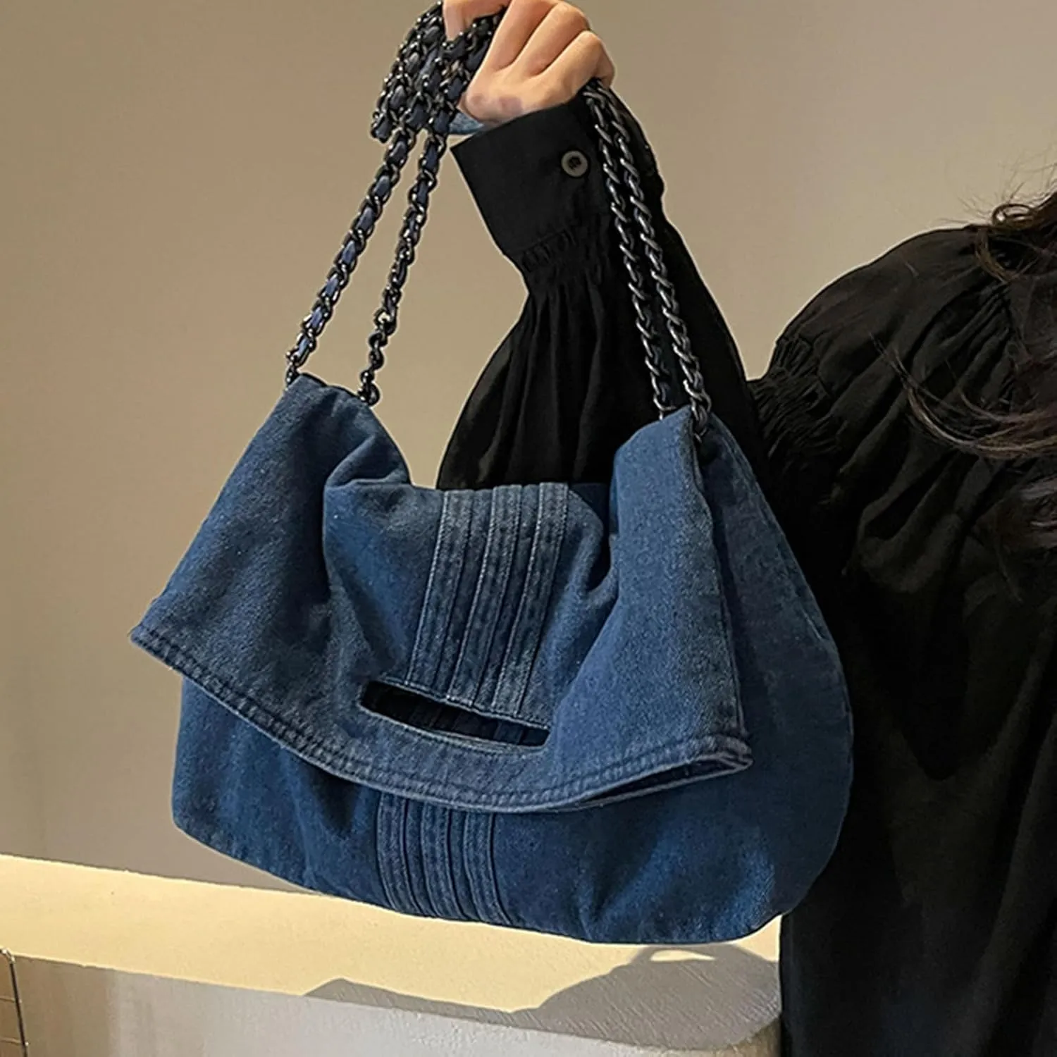 2025 New Women's Denim Tote Bag,Adjustable Chain Crossbody Hobo Purse,Fashion Retro Zipper Handbag for Work Travel