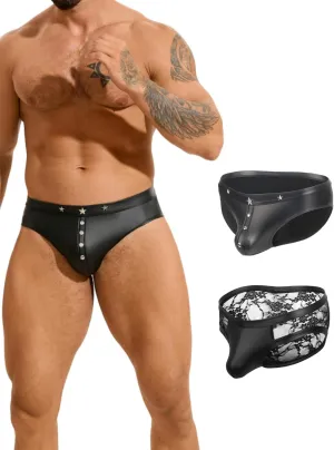 2Pcs Men's Faux Leather Underwear Low Rise Brief Sexy Gay Lingerie for Men Plus Size Black 2XL