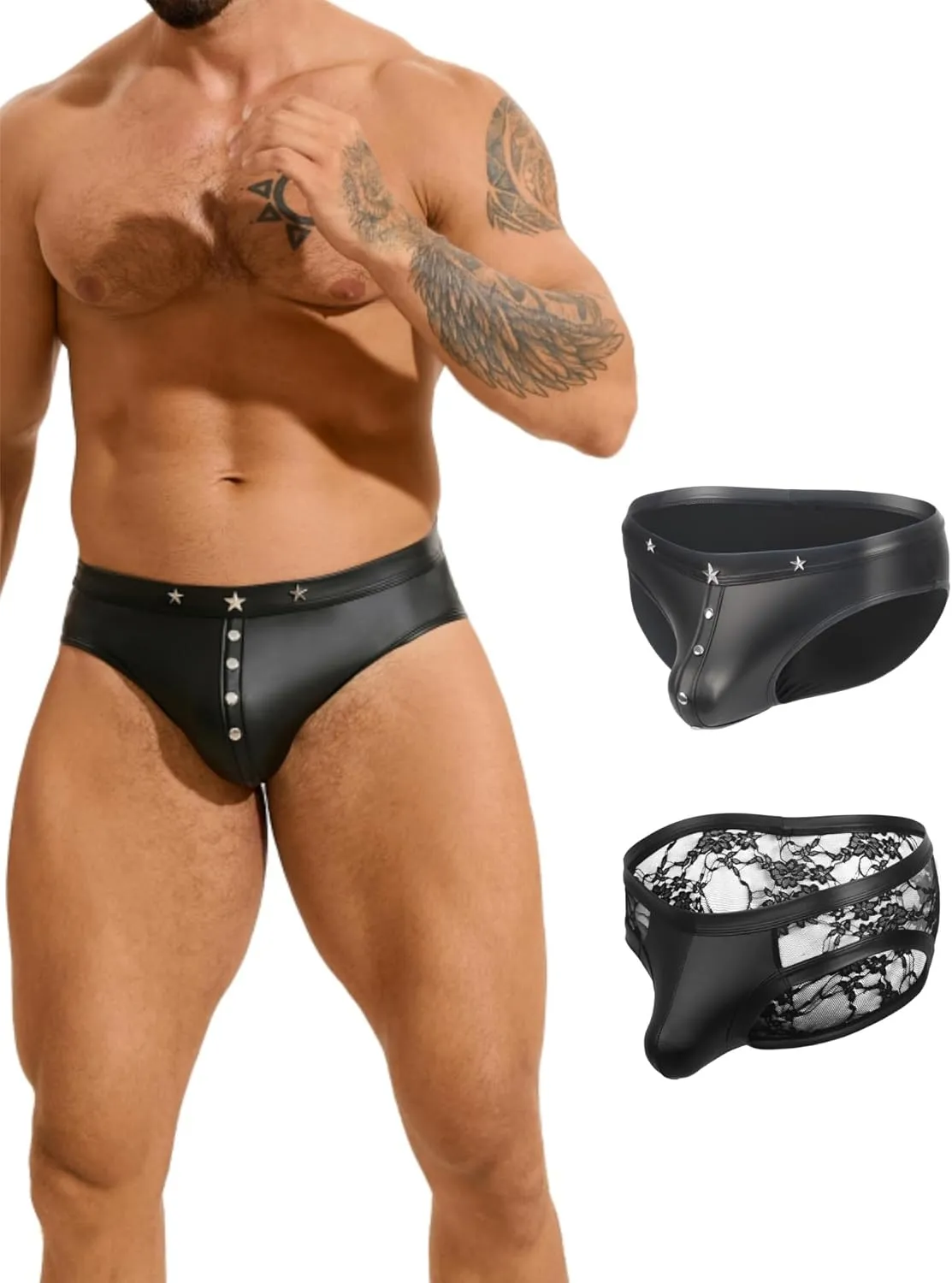 2Pcs Men's Faux Leather Underwear Low Rise Brief Sexy Gay Lingerie for Men Plus Size Black XL