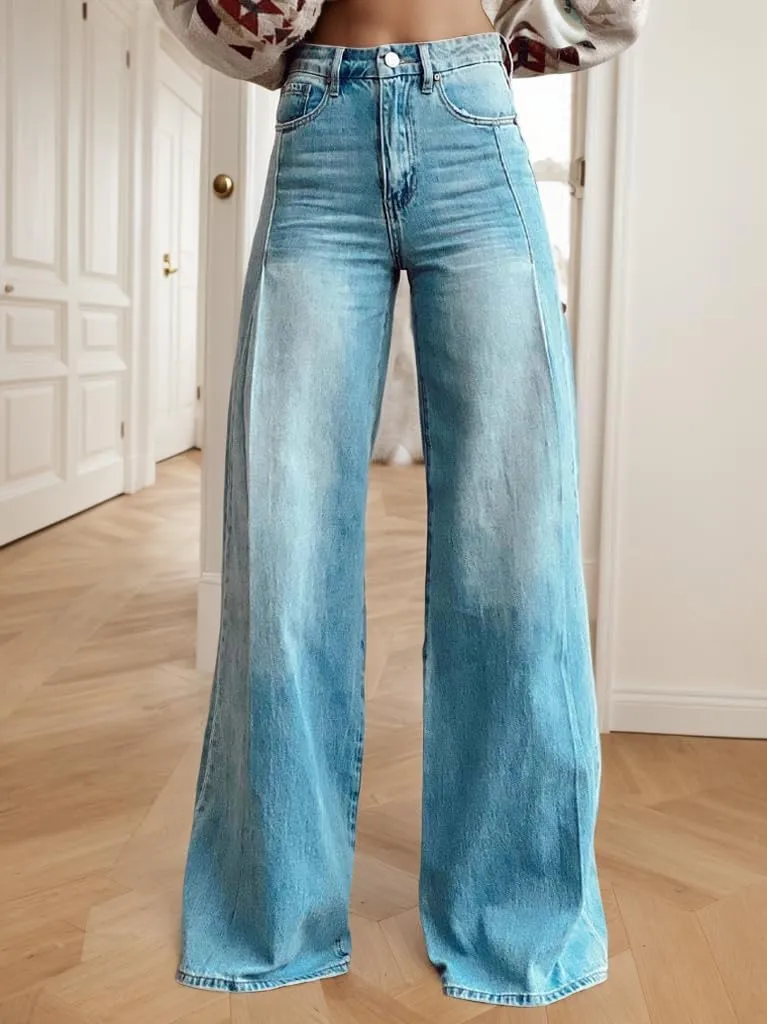Akivide Womens Oversized Fake Denim Floral Print Wide Leg Pants Casual Loose Graphic High Waist Ziper Strethy Flare Trousers