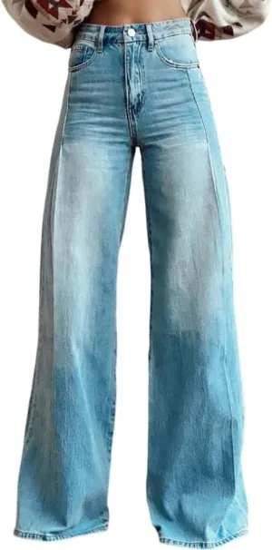 Akivide Womens Oversized Fake Denim Floral Print Wide Leg Pants Casual Loose Graphic High Waist Ziper Strethy Flare Trousers