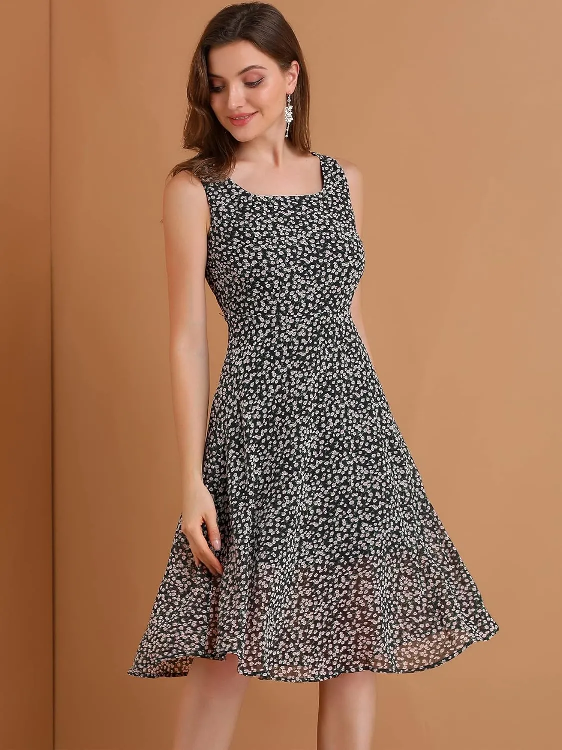 Allegra K Women's Summer Casual Sundress Sleeveless Square Neck Chiffon Floral Dress