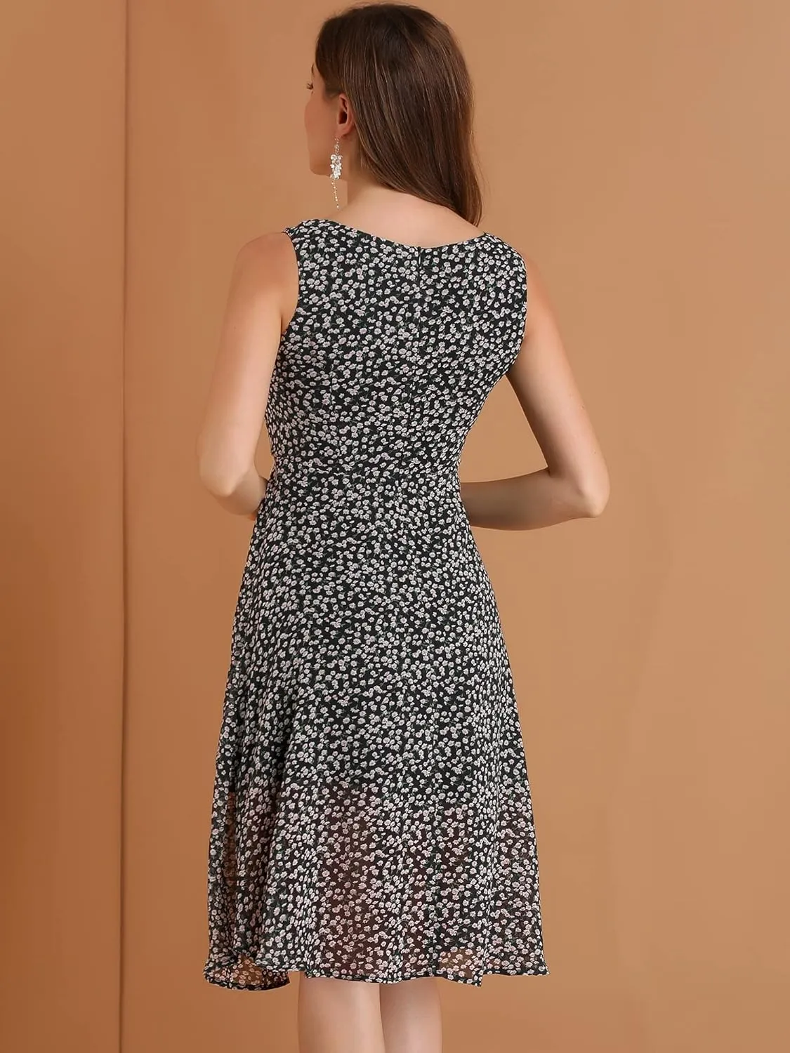 Allegra K Women's Summer Casual Sundress Sleeveless Square Neck Chiffon Floral Dress
