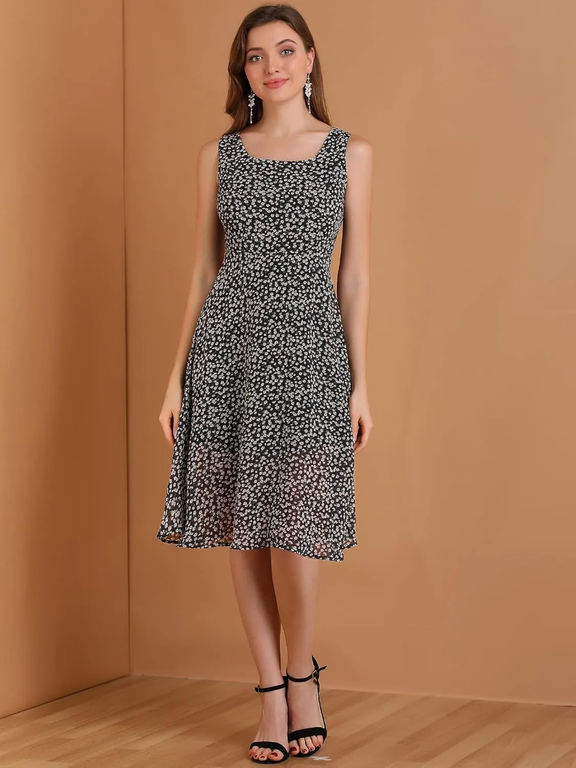 Allegra K Women's Summer Casual Sundress Sleeveless Square Neck Chiffon Floral Dress