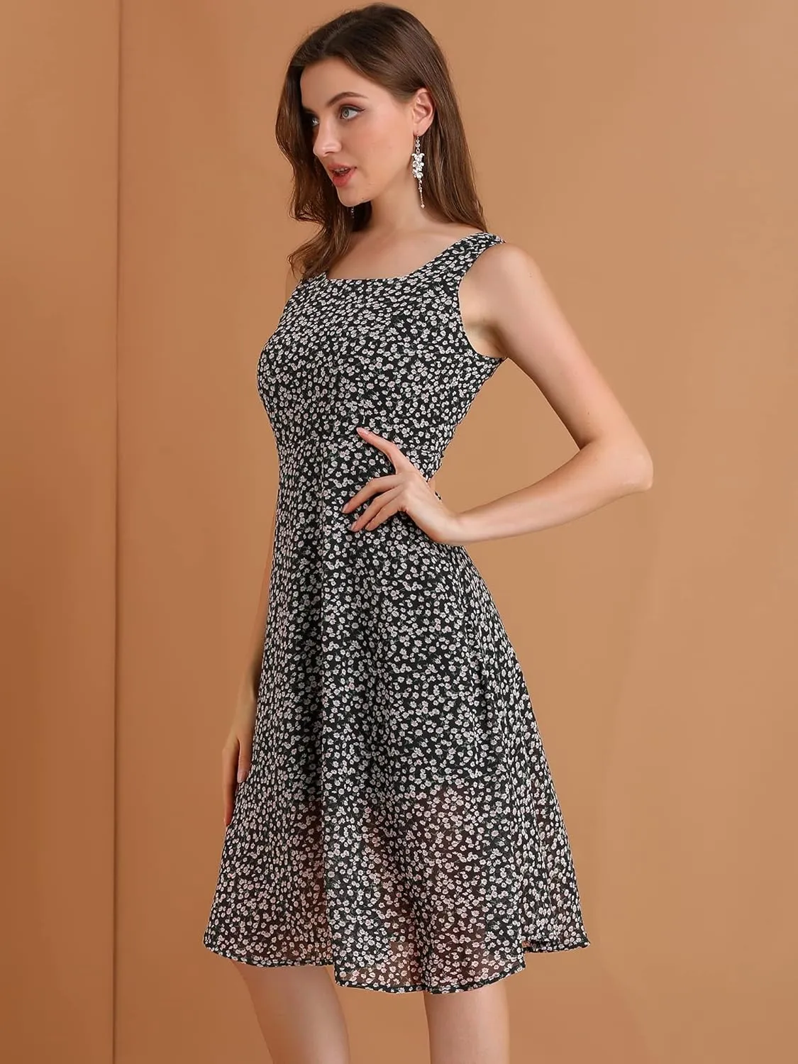 Allegra K Women's Summer Casual Sundress Sleeveless Square Neck Chiffon Floral Dress