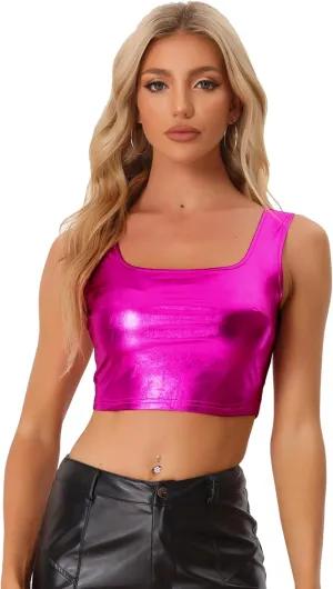 Allegra K Women's U Neck Sleeveless Party Clubwear Holographic Shiny Metallic Crop Top