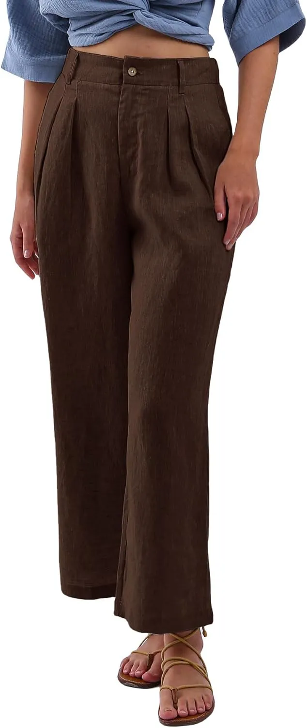 Amazhiyu Women's 100% Linen Summer High-Waisted Wide Leg Pants with Pockets