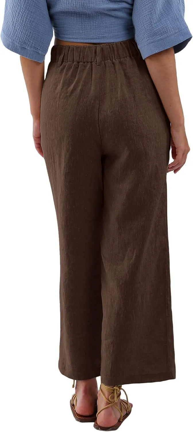 Amazhiyu Women's 100% Linen Summer High-Waisted Wide Leg Pants with Pockets