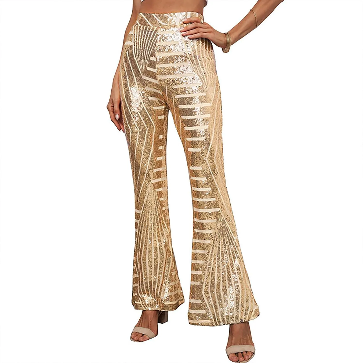 Anjikang Sequin Flare Pants for Women High Waist Wide Leg Straight Party Trousers Trendy Night Club Long Pants with Pockets