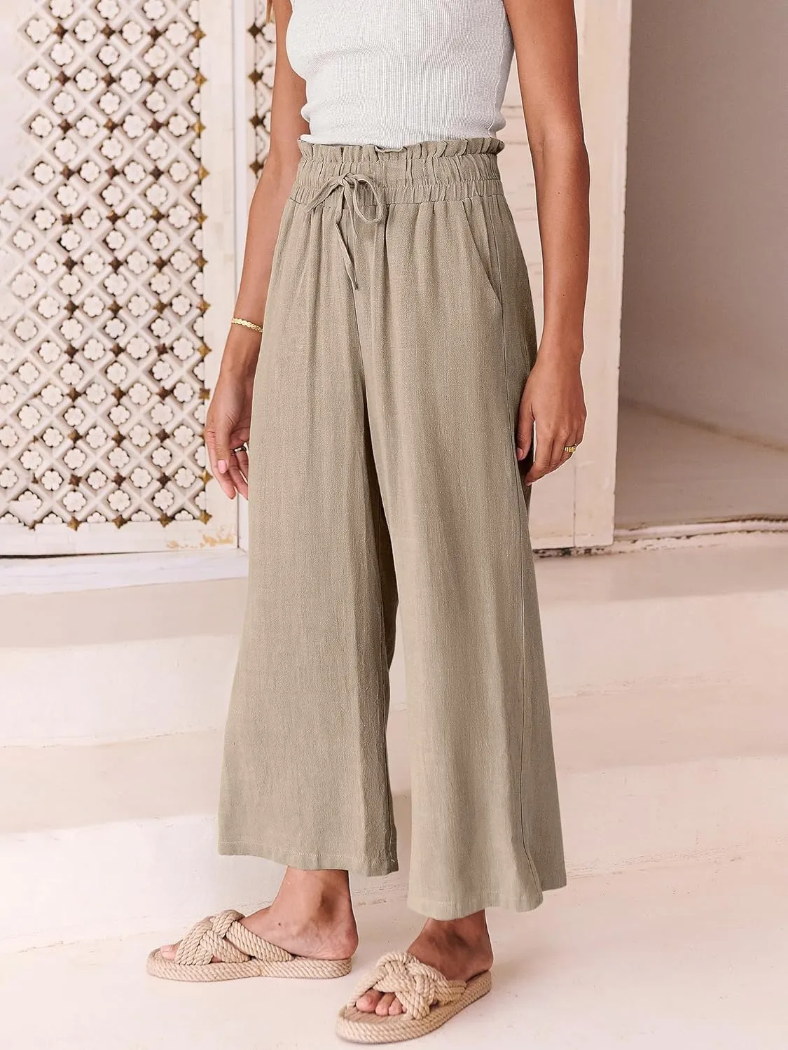 ANRABESS Women Linen Pants Casual Loose High Waist Boho Wide Leg Cropped Palazzo Beach Pants Summer Outfits 2025 Trendy