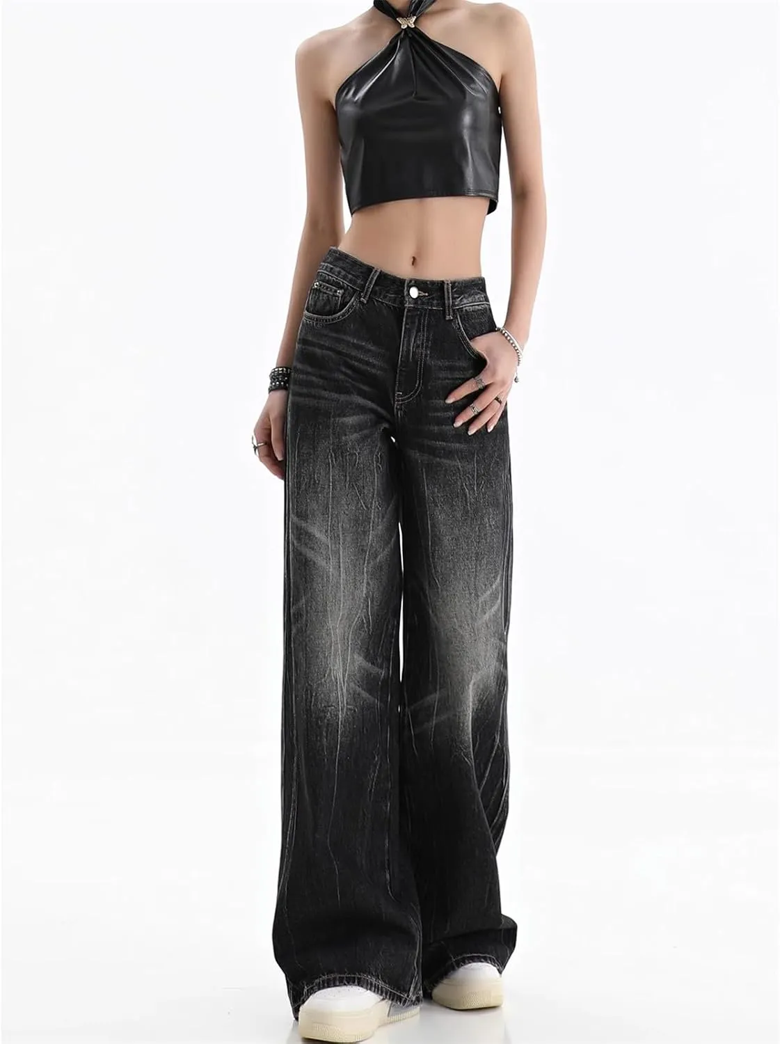 Autumn Winter Retro High Waist Streetwear Style Straight Jeans Pants Women Wide Leg Baggy Denim Trouser