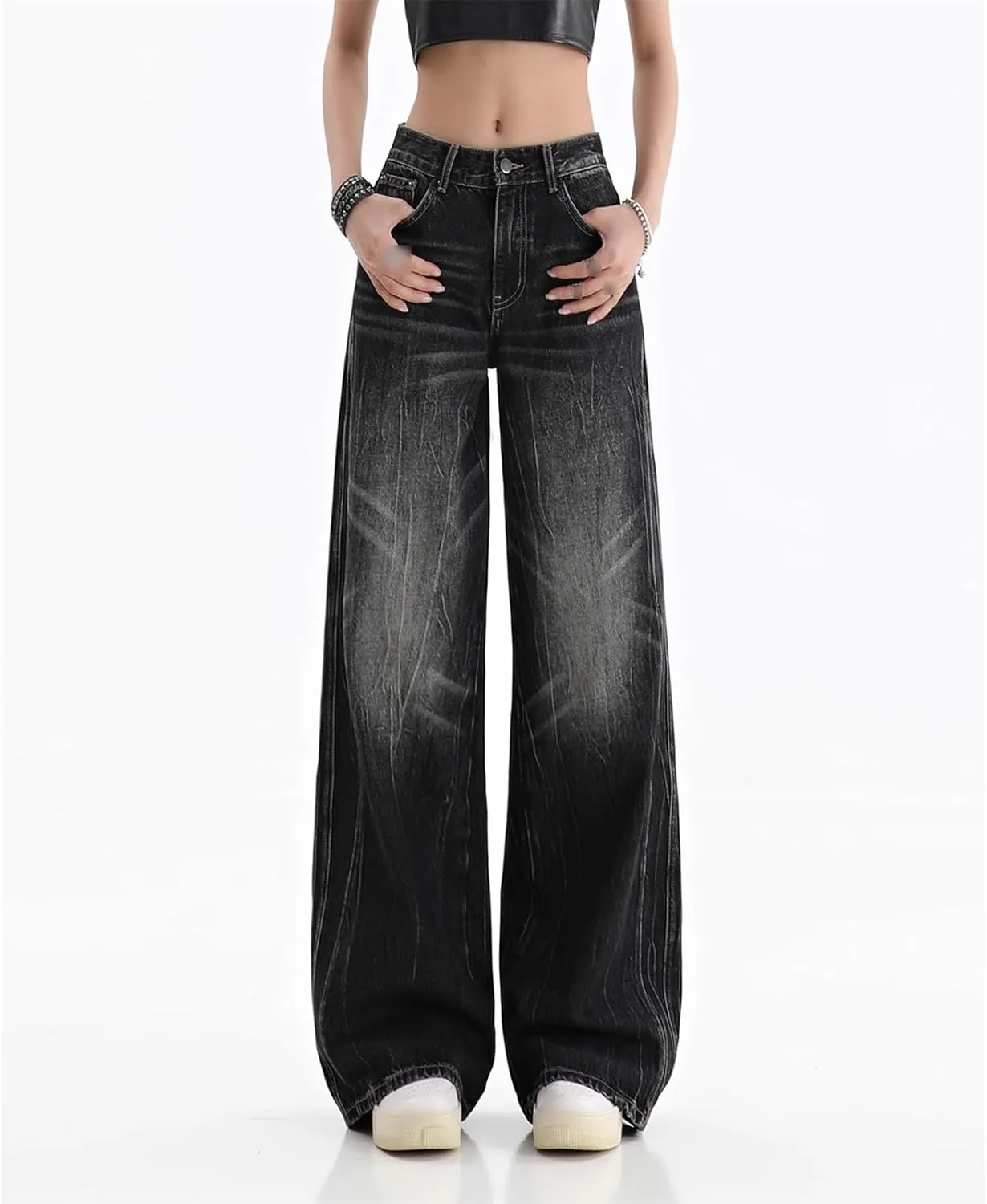 Autumn Winter Retro High Waist Streetwear Style Straight Jeans Pants Women Wide Leg Baggy Denim Trouser