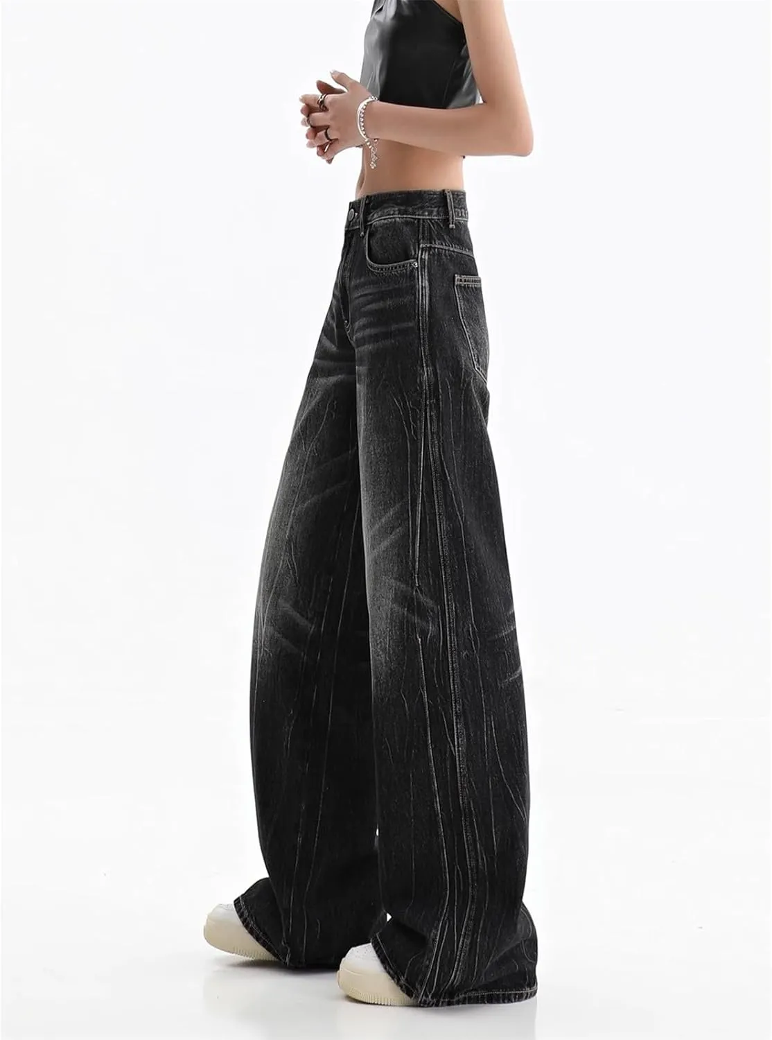 Autumn Winter Retro High Waist Streetwear Style Straight Jeans Pants Women Wide Leg Baggy Denim Trouser
