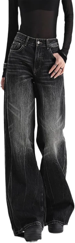 Autumn Winter Retro High Waist Streetwear Style Straight Jeans Pants Women Wide Leg Baggy Denim Trouser