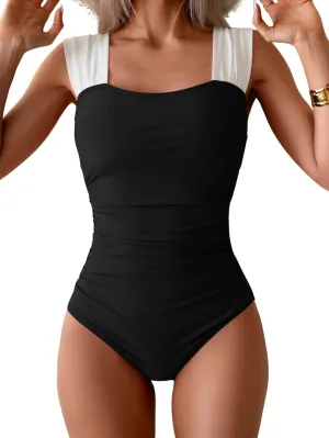 B2prity Womens One Piece Swimsuit Retro Square Neck Tummy Control Bathing Suits Ruched Modest Full Coverage Swimwear