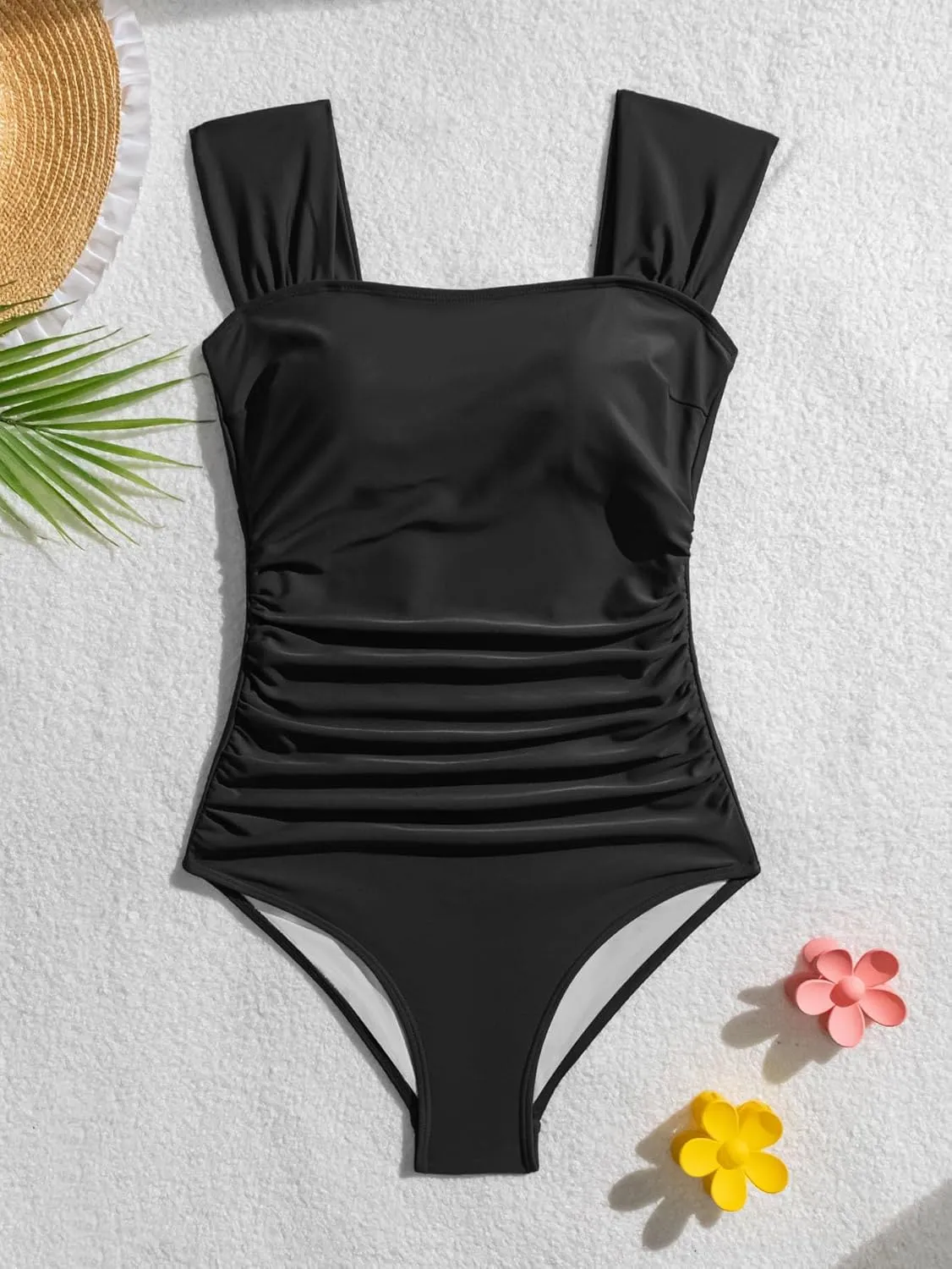 B2prity Womens One Piece Swimsuit Retro Square Neck Tummy Control Bathing Suits Ruched Modest Full Coverage Swimwear