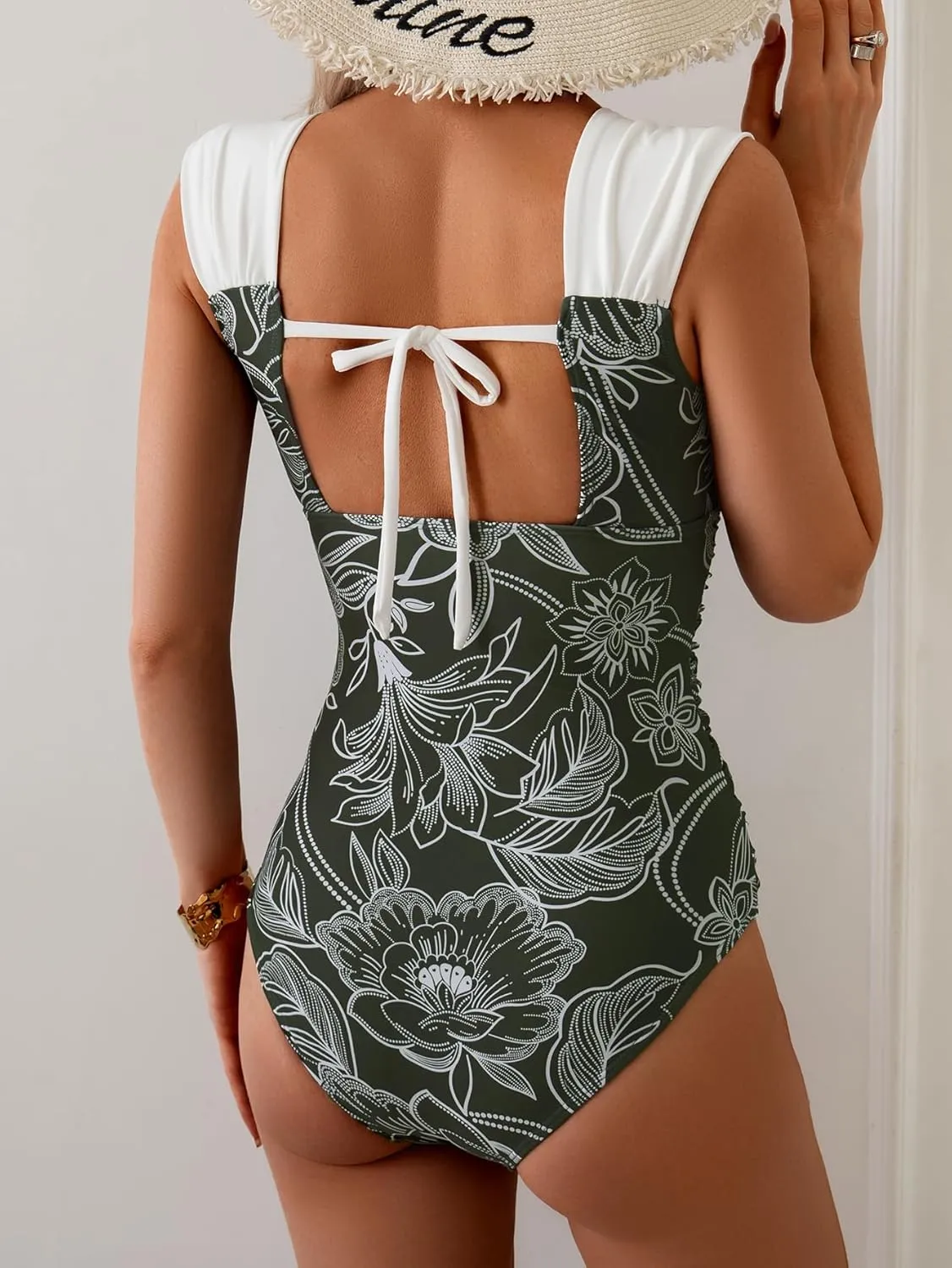 B2prity Womens One Piece Swimsuit Retro Square Neck Tummy Control Bathing Suits Ruched Modest Full Coverage Swimwear