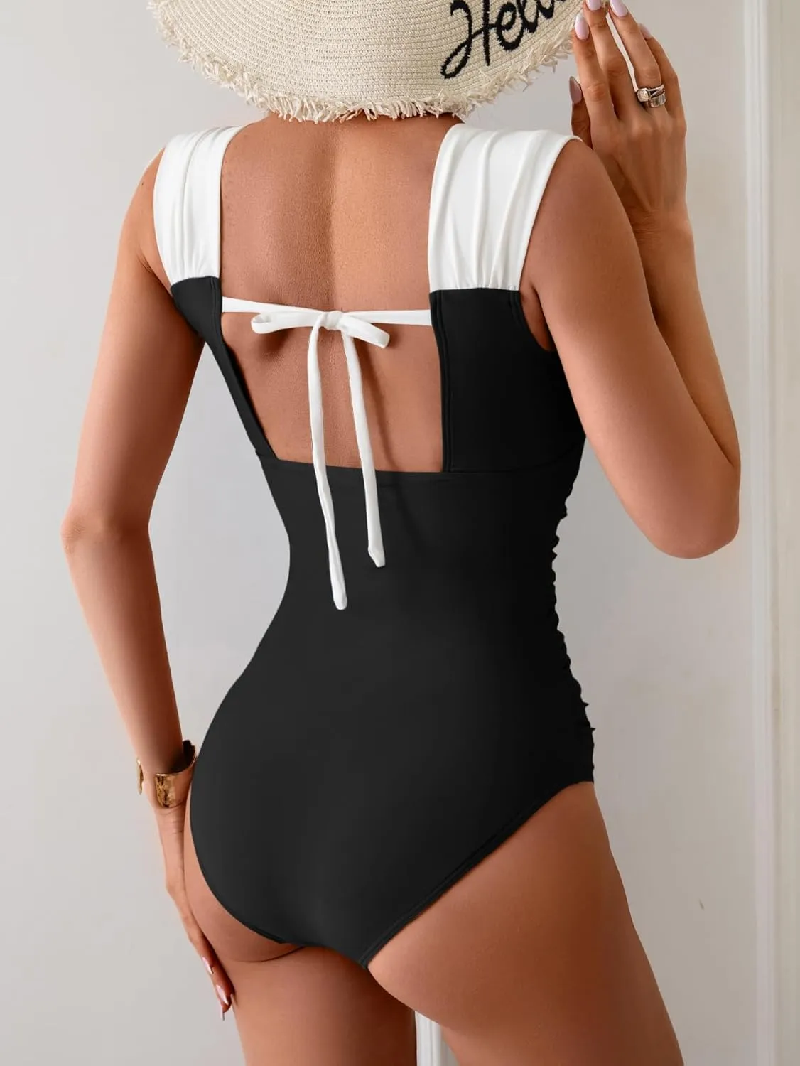 B2prity Womens One Piece Swimsuit Retro Square Neck Tummy Control Bathing Suits Ruched Modest Full Coverage Swimwear