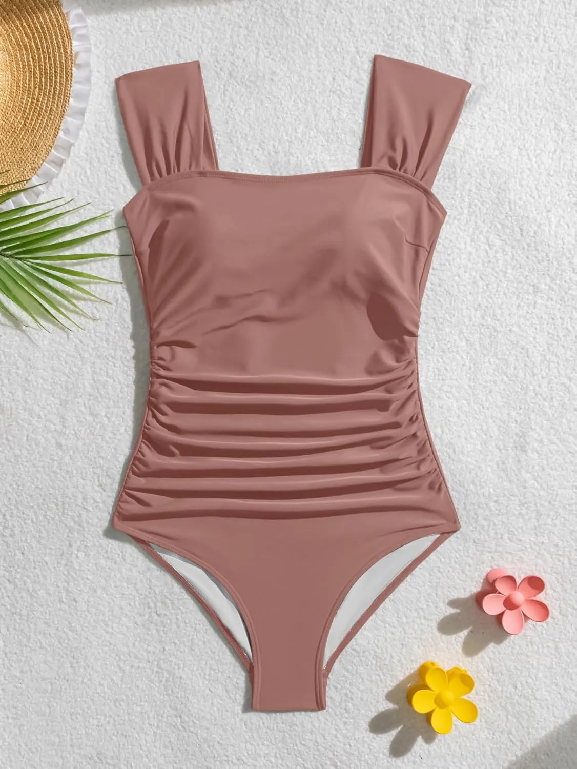 B2prity Womens One Piece Swimsuit Retro Square Neck Tummy Control Bathing Suits Ruched Modest Full Coverage Swimwear