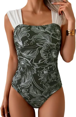 B2prity Womens One Piece Swimsuit Retro Square Neck Tummy Control Bathing Suits Ruched Modest Full Coverage Swimwear