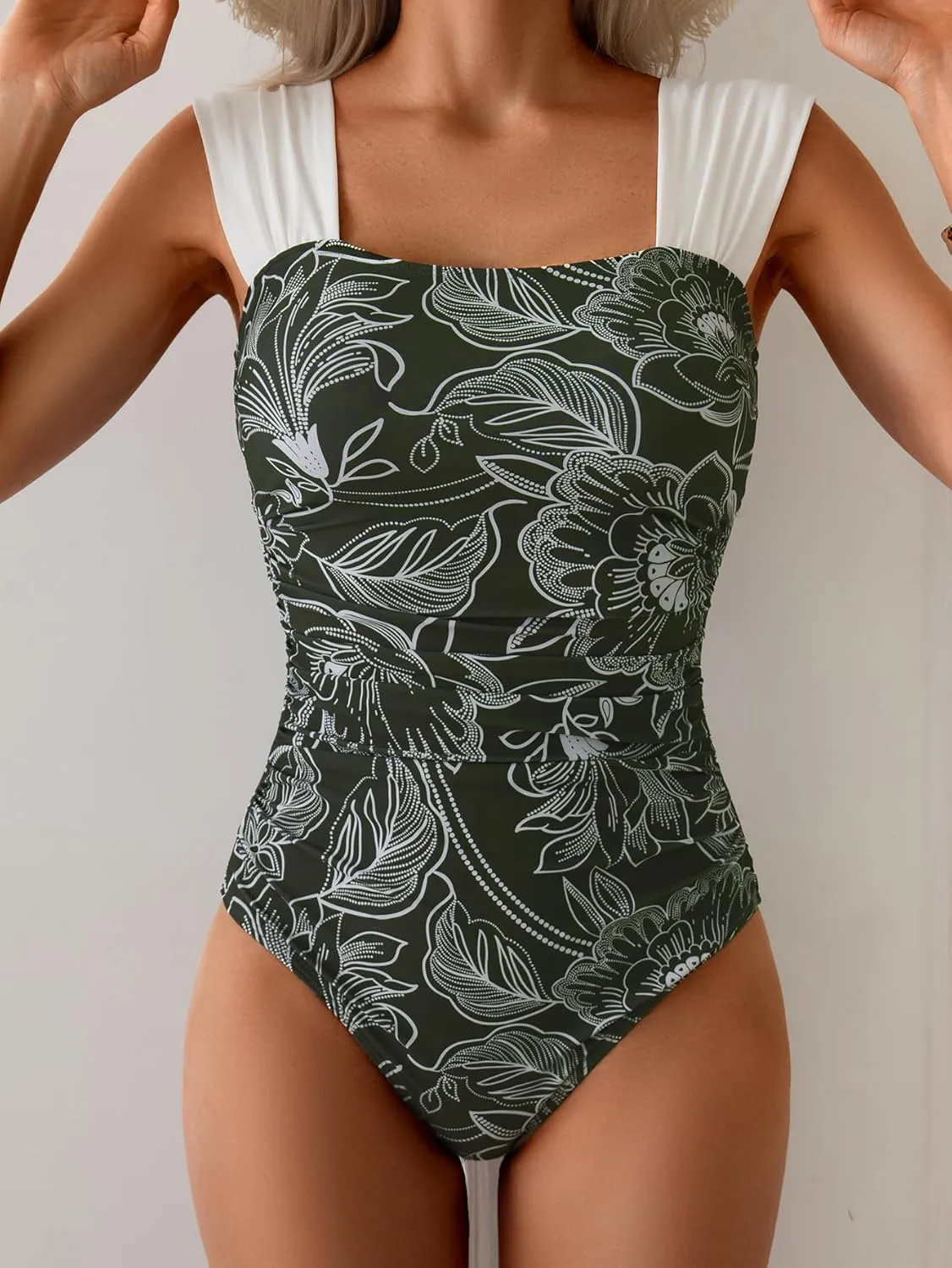 B2prity Womens One Piece Swimsuit Retro Square Neck Tummy Control Bathing Suits Ruched Modest Full Coverage Swimwear