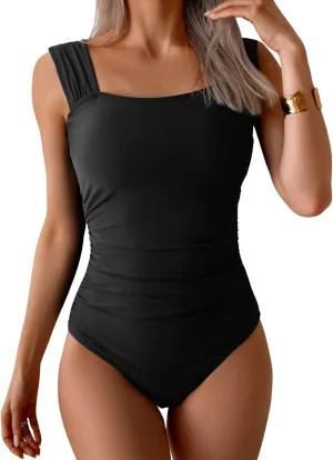 B2prity Womens One Piece Swimsuit Retro Square Neck Tummy Control Bathing Suits Ruched Modest Full Coverage Swimwear