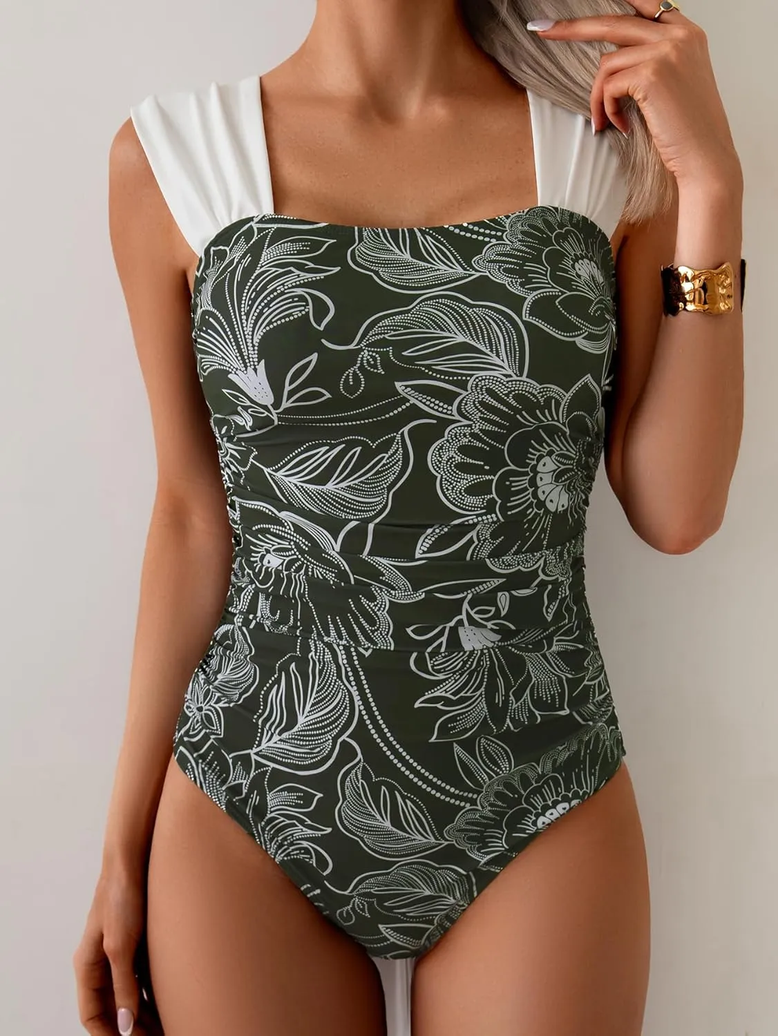 B2prity Womens One Piece Swimsuit Retro Square Neck Tummy Control Bathing Suits Ruched Modest Full Coverage Swimwear