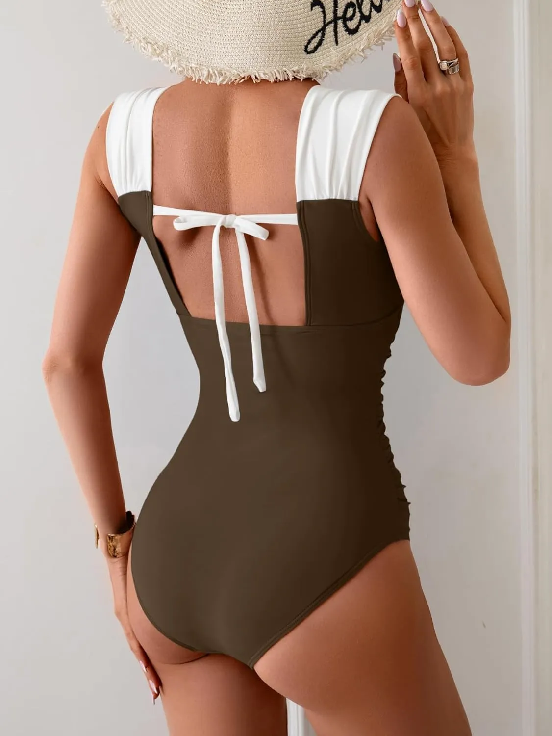 B2prity Womens One Piece Swimsuit Retro Square Neck Tummy Control Bathing Suits Ruched Modest Full Coverage Swimwear