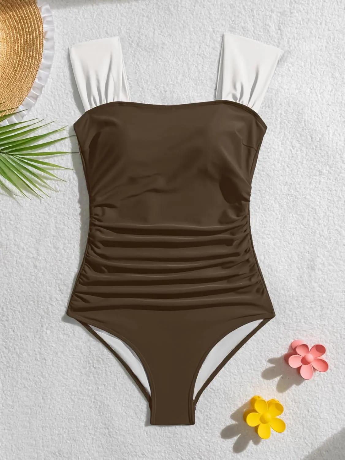 B2prity Womens One Piece Swimsuit Retro Square Neck Tummy Control Bathing Suits Ruched Modest Full Coverage Swimwear