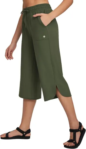 baleaf Women's Hiking Pants Capri Wide Leg Lightweight Pants Plus Size UPF50  Quick Dry Casual Sweatpants Walking Dark Army Green 3XL