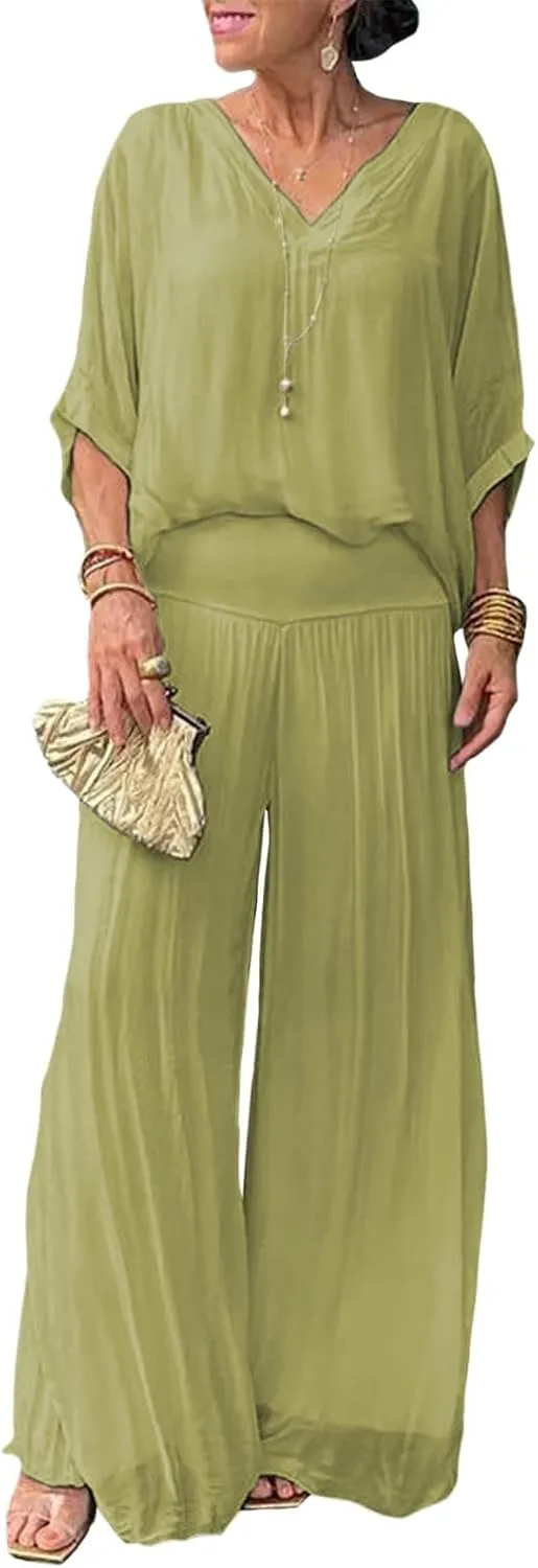 Bengbobar Women's 2 Piece Outfits Dressy Pant Suits for Women V Neck Tops and Long Chiffon Wide Leg Palazzo Pant Sets