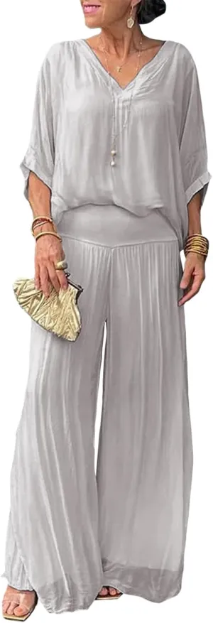 Bengbobar Women's 2 Piece Outfits Dressy Pant Suits for Women V Neck Tops and Long Chiffon Wide Leg Palazzo Pant Sets