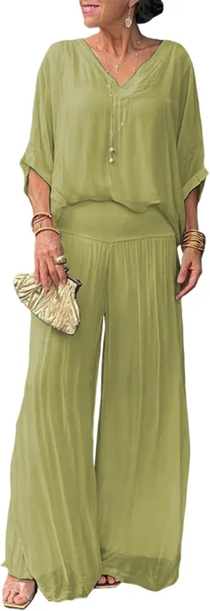 Bengbobar Women's 2 Piece Outfits Dressy Pant Suits for Women V Neck Tops and Long Chiffon Wide Leg Palazzo Pant Sets