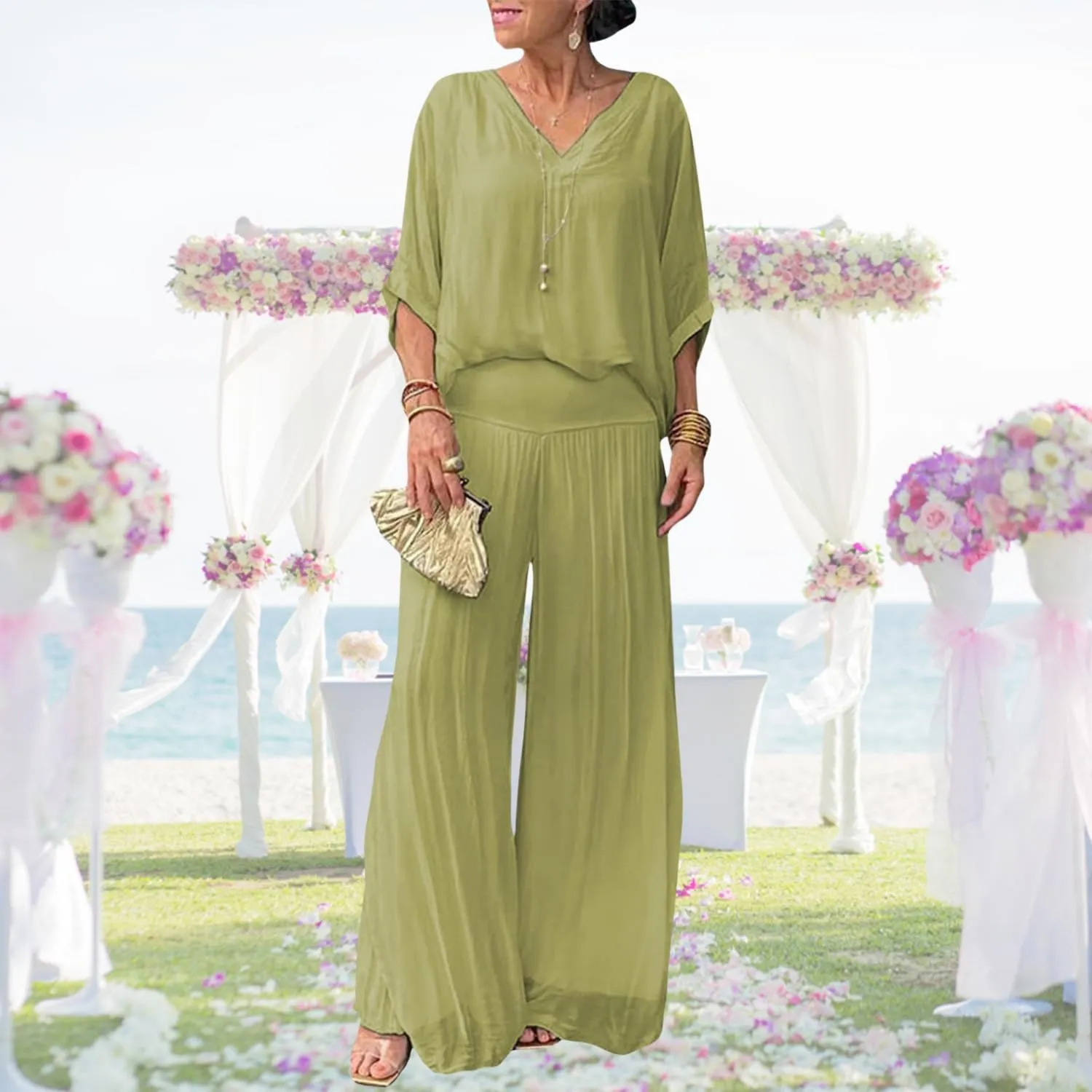 Bengbobar Women's 2 Piece Outfits Dressy Pant Suits for Women V Neck Tops and Long Chiffon Wide Leg Palazzo Pant Sets