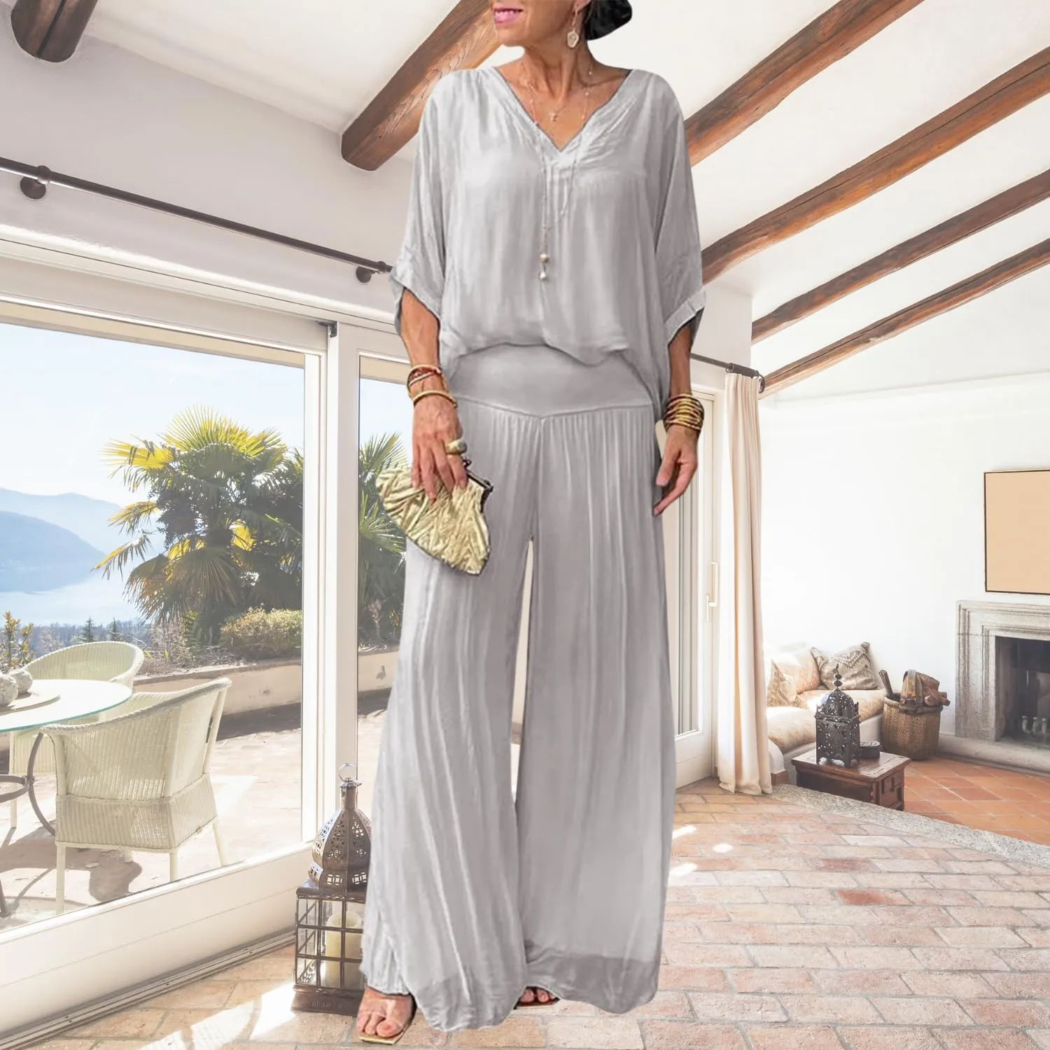 Bengbobar Women's 2 Piece Outfits Dressy Pant Suits for Women V Neck Tops and Long Chiffon Wide Leg Palazzo Pant Sets