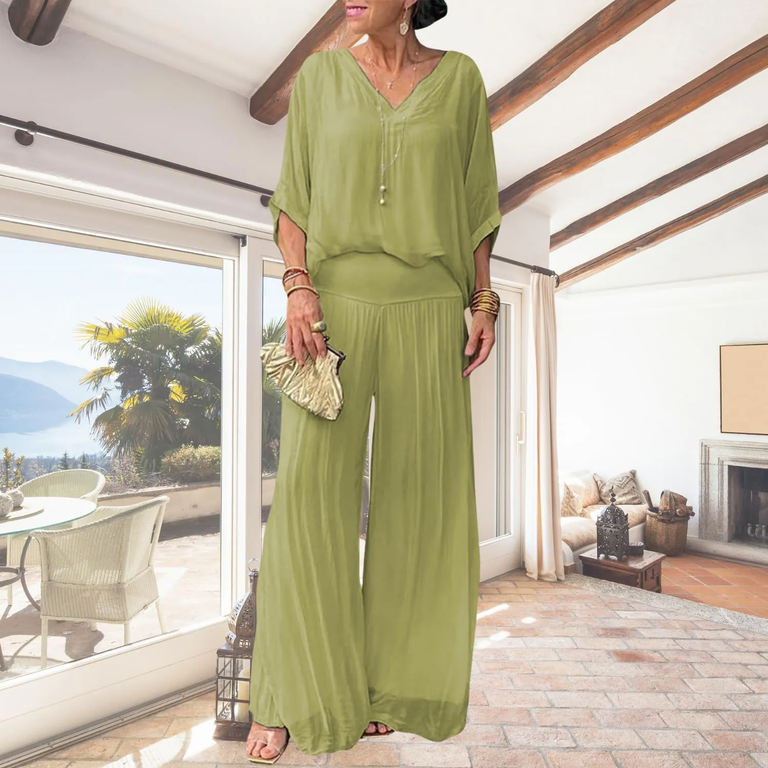 Bengbobar Women's 2 Piece Outfits Dressy Pant Suits for Women V Neck Tops and Long Chiffon Wide Leg Palazzo Pant Sets