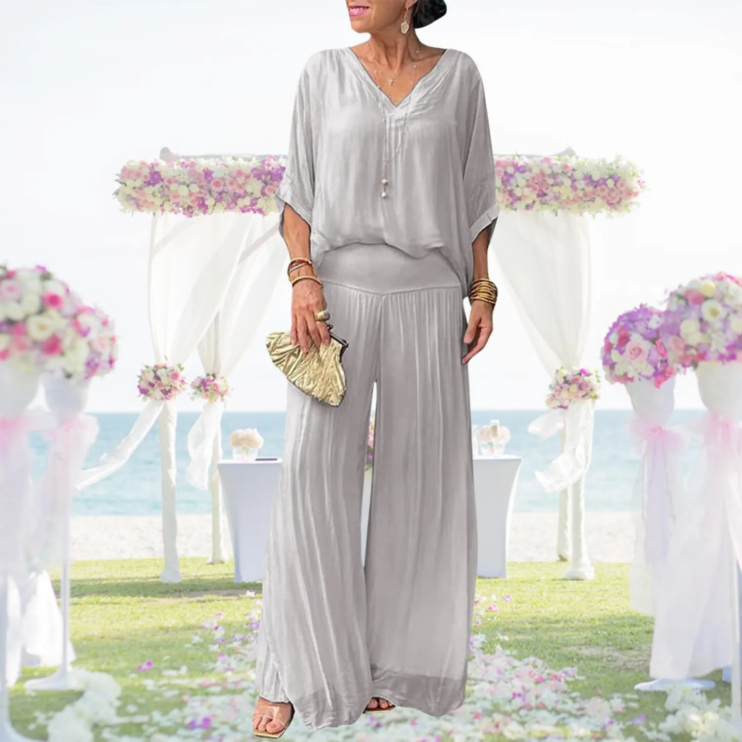Bengbobar Women's 2 Piece Outfits Dressy Pant Suits for Women V Neck Tops and Long Chiffon Wide Leg Palazzo Pant Sets