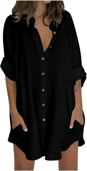 Binmer Womens Linen Button Down Shirt Summer 3/4 Sleeve Loose Blouse Oversized Casual V Neck Tunic Tops with Pockets